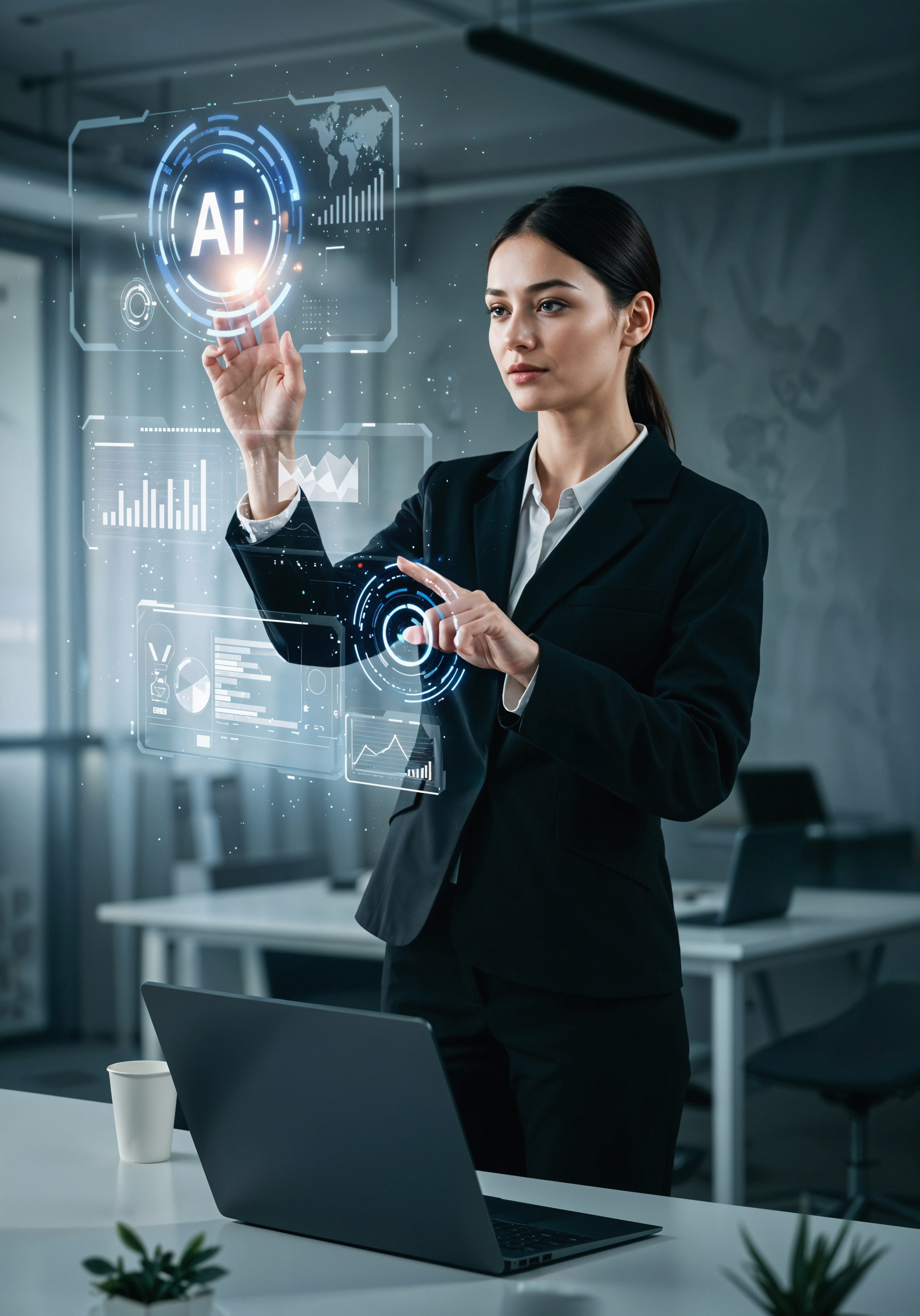 businesswoman interacting with ai hologram office